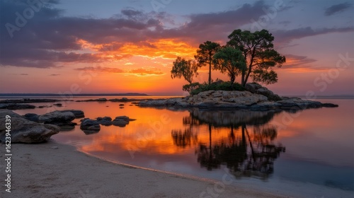Dreamy Silhouettes of Palm Trees in Abstract Reflections on a Remote Island During a Stunning Golden Hour Sunrise