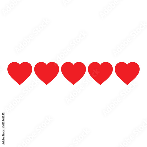 Art of five red hearts in a row, isolated on white background, symbolizing love and affection