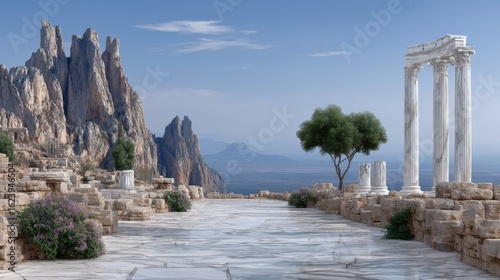 A Beautiful Abstract Pathway of Stone Leading to Old Roman Architectural Wonders on a Modern Canvas