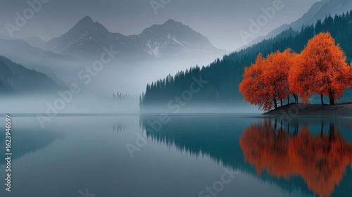 A Majestic Lone Tree in the Serene Lake Surrounded by Breathtaking Mountains under Abstract Modern Art Aesthetic Atmosphere
