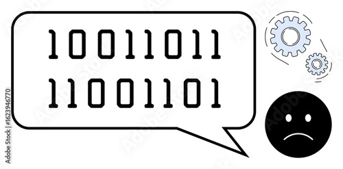 Sad face beside a speech bubble filled with binary numbers, accompanied by misaligned gears. Ideal for coding error, technical problem, troubleshooting, miscommunication, data issues, algorithm