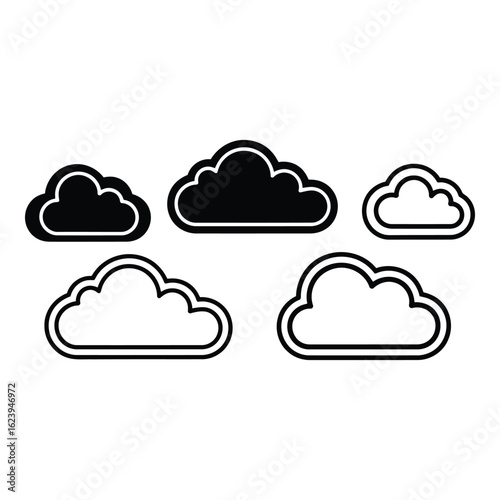 Art of collection of stylized cloud shapes, some filled black and others outlined, isolated on a clean white background for versatile design use