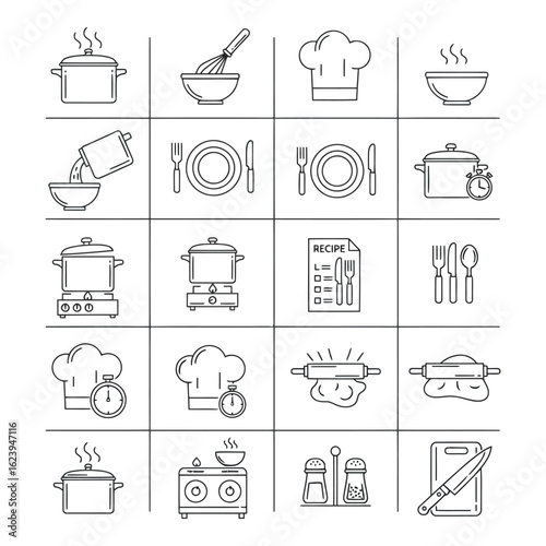 Art of a collection of kitchen and cooking icons, including pots, pans, utensils, chef hats, and timers, isolated on a white background