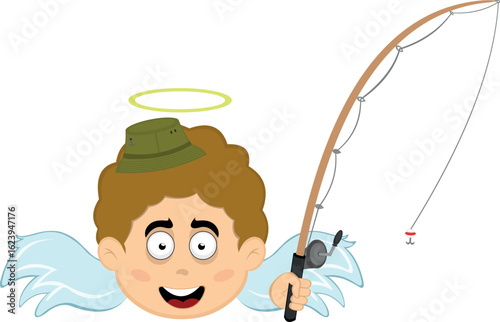vector illustration face angel character cartoon, with a fisher hat and a fishing rod
