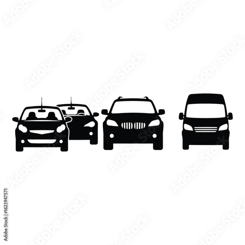 Art of collection of car silhouettes including sedan, suv, and van, isolated on white background