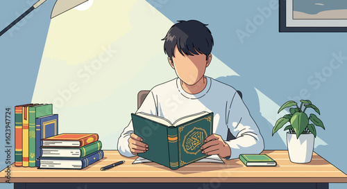 Student Studying with Books Under Desk Lamp at Home Illustration