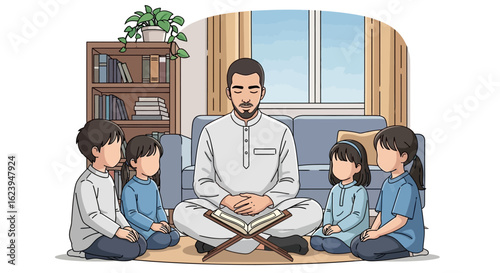 Family spiritual education: Adult teaching children from a sacred text at home