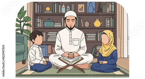 Muslim father and children reading Quran at home, a scene of Islamic family education and devotion