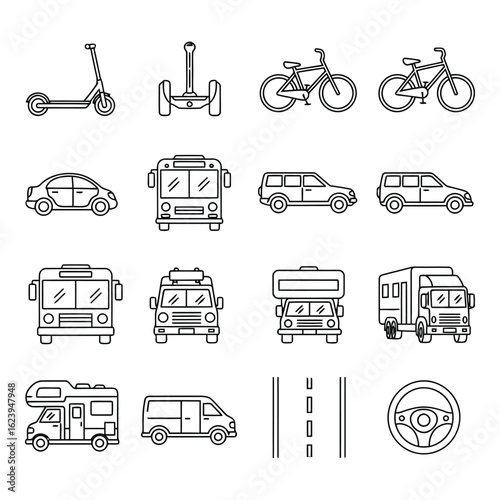 Art of collection of various transportation vehicles and modes of personal mobility, isolated on white background