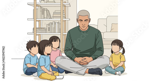 Intergenerational Mindfulness: Senior Man Teaches Meditation to Young Children at Home