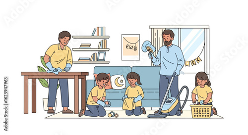 Happy family cleaning home together. Parents and children doing household chores, tidying up living room with vacuum and duster.