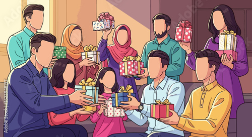 Joyful diverse group exchanging colorful gifts during a celebration