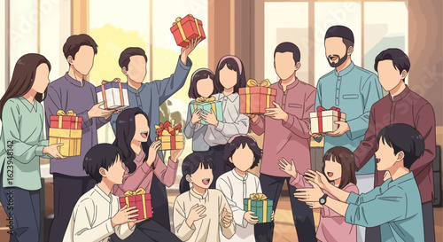 Joyful Family & Friends Exchanging Gifts During Festive Celebration