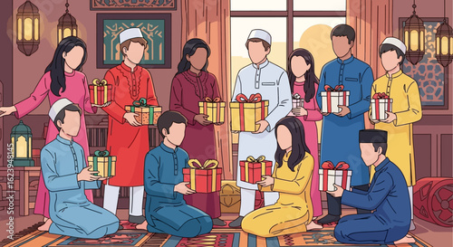 Festive Group Exchanging Gifts in Traditional Attire for a Cultural Celebration