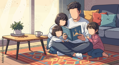 Cozy Family Storytime: Father Reading Book to Children in Living Room