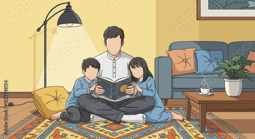 Cozy family time: Father reads book to kids on living room rug