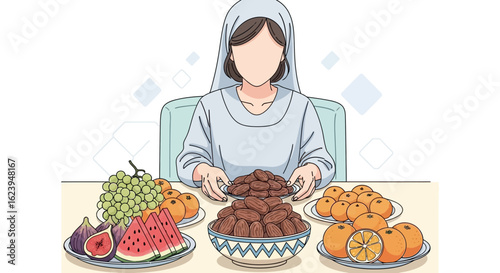 Person with head covering and a vibrant table of dates, grapes, oranges, figs, and watermelon for a healthy meal.