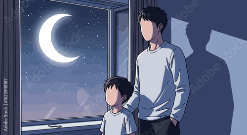 Father and Son Silently Gaze at Crescent Moon from Window at Night