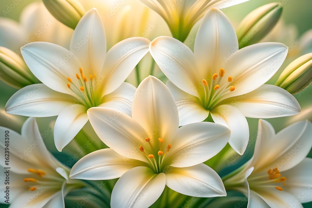Fototapeta premium Beautiful White Lily Flowers In Full Bloom With Yellow Stamens And Green Leaves In Soft Natural Light For Floral Decoration And Design