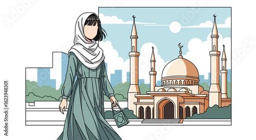 Modern Muslim Woman in Hijab Walking Past Mosque in Urban Cityscape