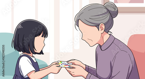 Young girl giving handmade gift to elderly woman, intergenerational care illustration