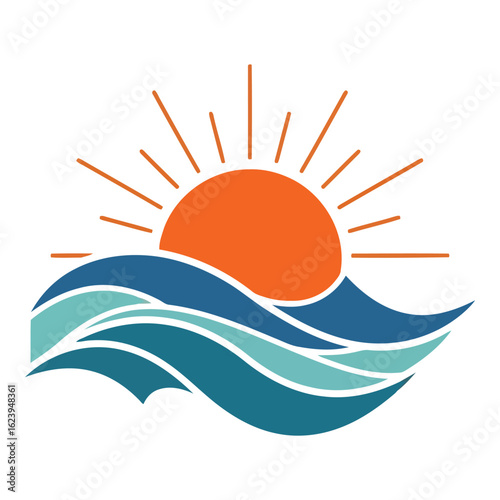 Art of stylized sun rising over blue ocean waves, representing a peaceful and beautiful natural scene