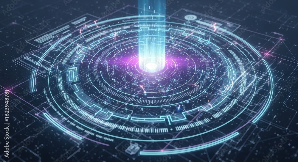 Fototapeta premium Abstract digital illustration of a glowing blue and purple beam emanating from a complex circular network with interconnected lines and nodes.