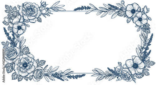Vintage wedding frame, hand-drawn engraving style sketch with roses, peonies, lavender, olive branches, elegant floral border