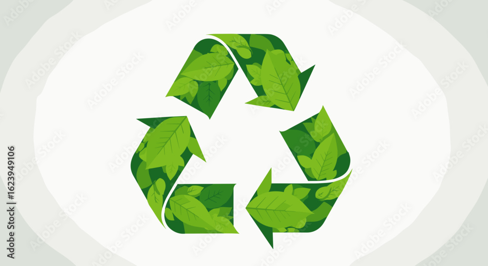 Obraz premium Recycling symbol filled with green leaves on a white background suggesting environmental sustainability