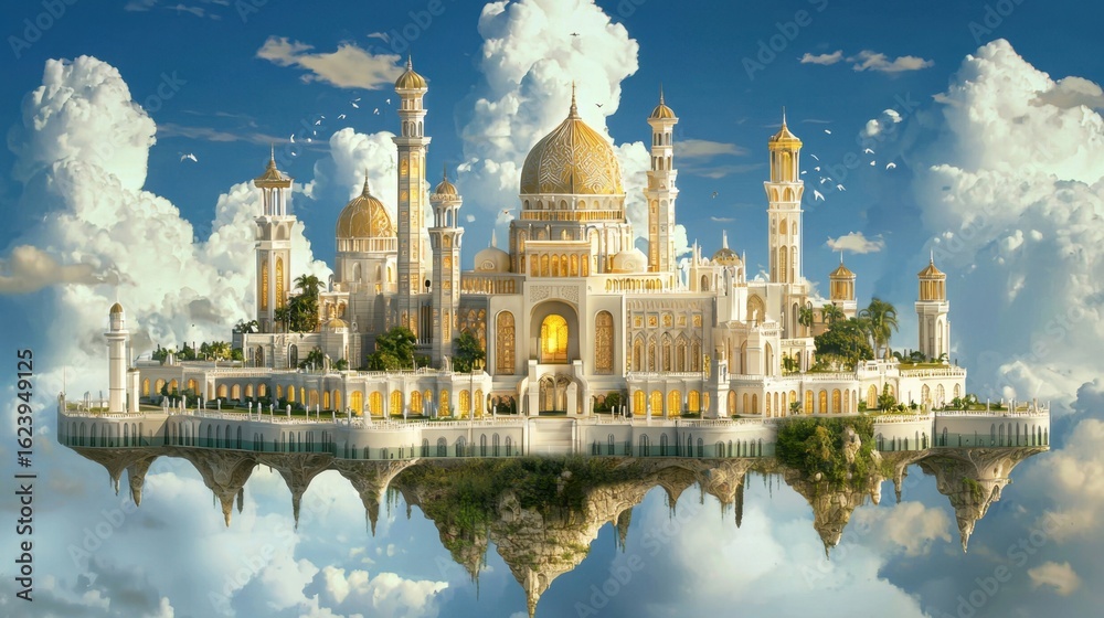 Obraz premium Majestic Floating Palace Surrounded by Dreamy Clouds and Sky