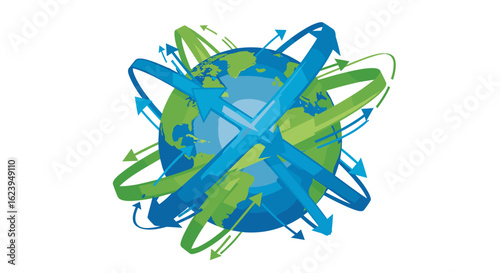 Globe surrounded by blue and green arrows indicating global connections and movement around the world