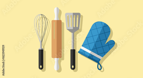 Illustration of a whisk rolling pin spatula and oven mitt on a yellow background in a flat style