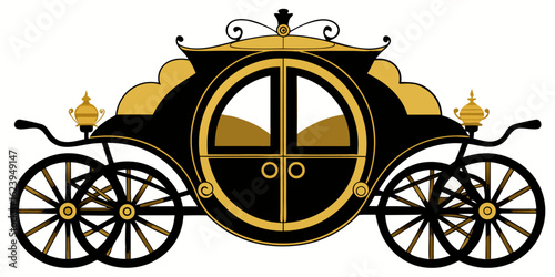 Illustration of a horse-drawn carriage, a stunning combination of black and yellow or gold, a symbol of horse-drawn carriages during the reign of the nobility.
