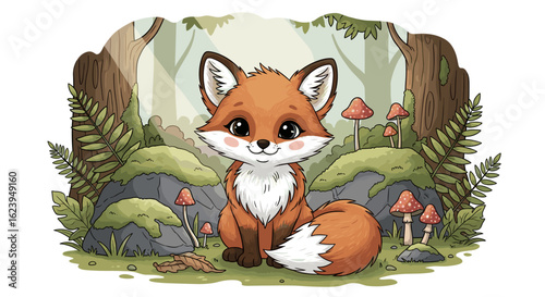 A cartoon fox sitting in a forest with mushrooms and mossy rocks in a whimsical illustration style