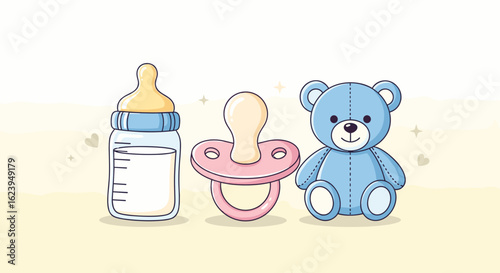Illustration of a baby bottle a pink pacifier and a blue teddy bear on a soft yellow background design