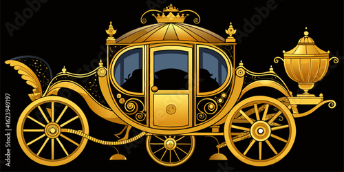 Illustration of a horse-drawn carriage, a stunning combination of black and yellow or gold, a symbol of horse-drawn carriages during the reign of the nobility.
