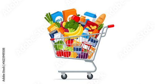 A shopping cart overflowing with groceries including fruits vegetables dairy and packaged goods on white