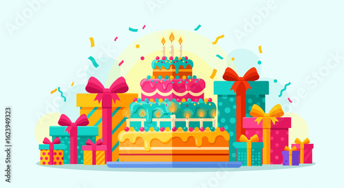 A colorful tiered cake with lit candles surrounded by festive gift boxes and confetti decorations around it