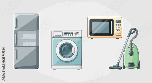 Illustration showing a refrigerator washing machine microwave and vacuum cleaner arranged together nicely