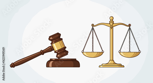 Illustration showing a wooden gavel resting on a block and a golden scale of justice on a white background