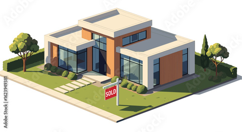 Isometric view of a modern two story house with large windows and a sold sign in the front yard