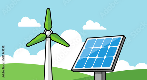Illustration of a wind turbine and a solar panel against a blue sky with white clouds on green hills