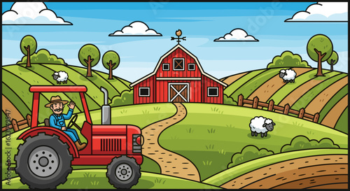 Cartoon illustration of a farmer on a tractor near a barn with sheep in a rural landscape scene