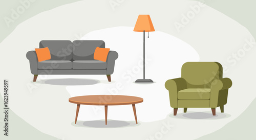 Illustration of a living room with a sofa armchair table and lamp creating a cozy interior scene