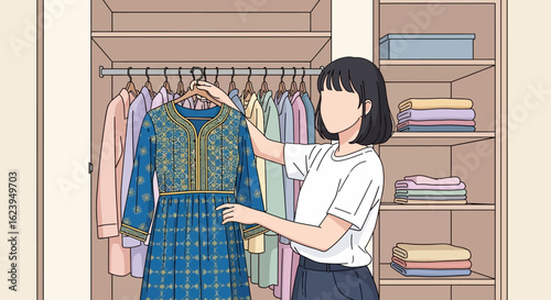 Woman choosing elegant blue embroidered dress from her organized wardrobe, flat illustration