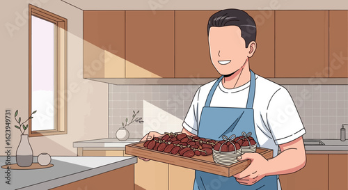 Man in apron holding a wooden tray of prepared food in a bright, modern kitchen. Home cooking and meal preparation concept.