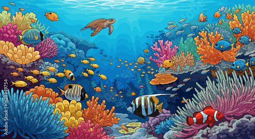 A vibrant coral reef ecosystem teeming with colorful fish and a sea turtle swimming gracefully above the reef