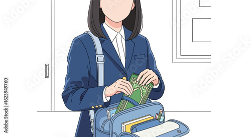 Anime style student packing school bag. Young woman in uniform putting book into satchel, preparing for studies.