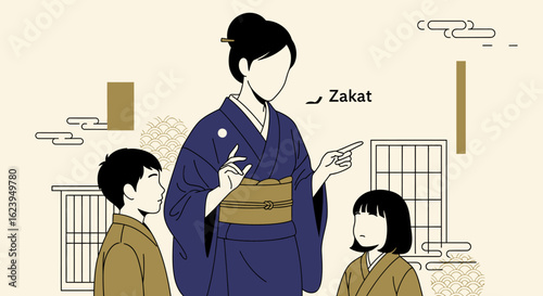 Woman in Kimono Teaches Children About Zakat in Traditional Setting; Cultural & Religious Education