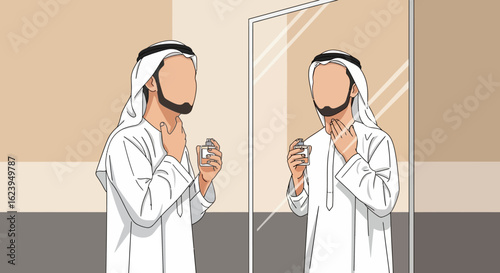 Middle Eastern Man Applying Perfume in Mirror. Personal Grooming and Self-Care Routine.